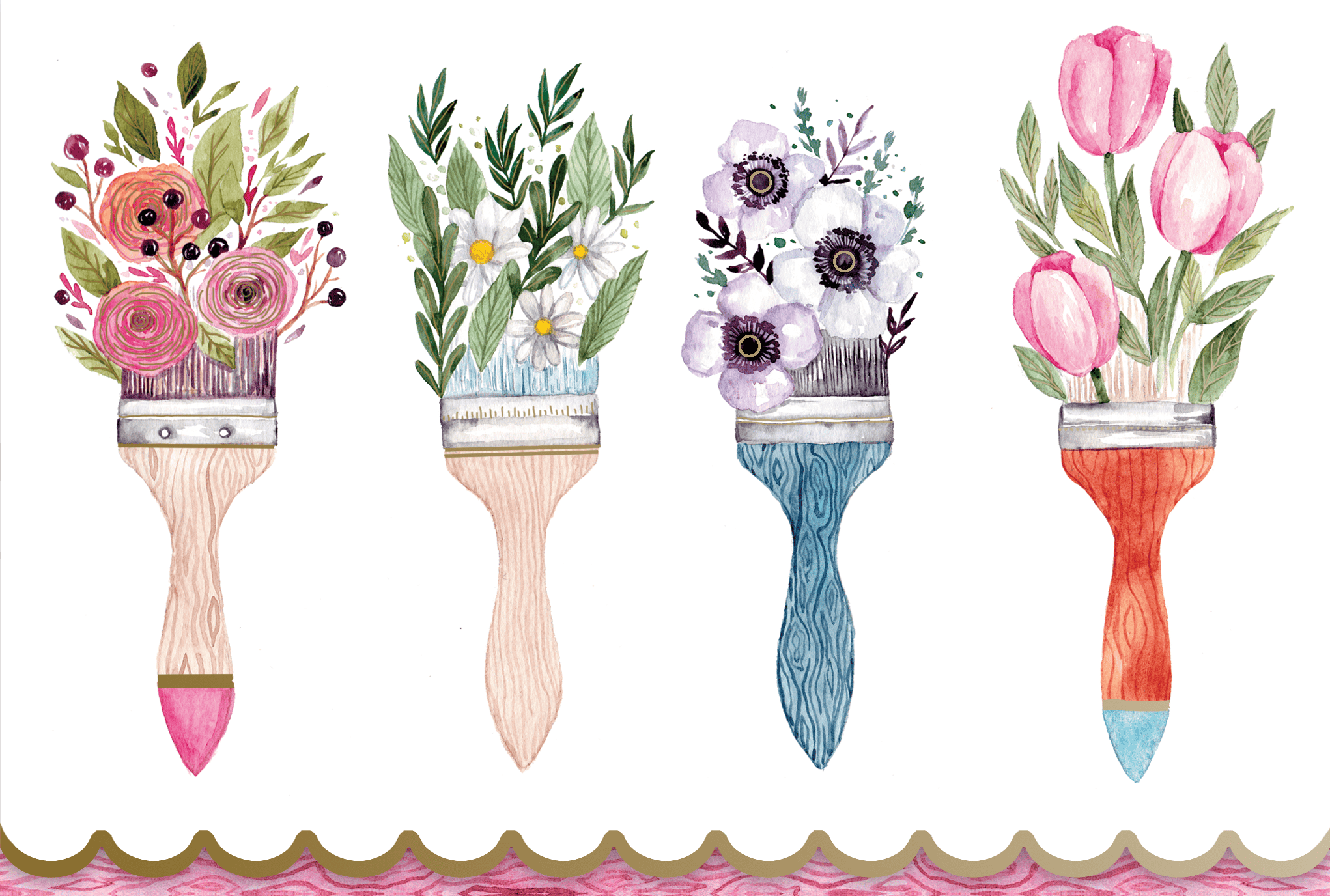 Pictura floral paint brushes birthday card featuring colorful flower illustrations on a white background.